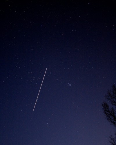 ISS and Shuttle passing by the clusters of the Hyades on the left and the Plaides on the right.